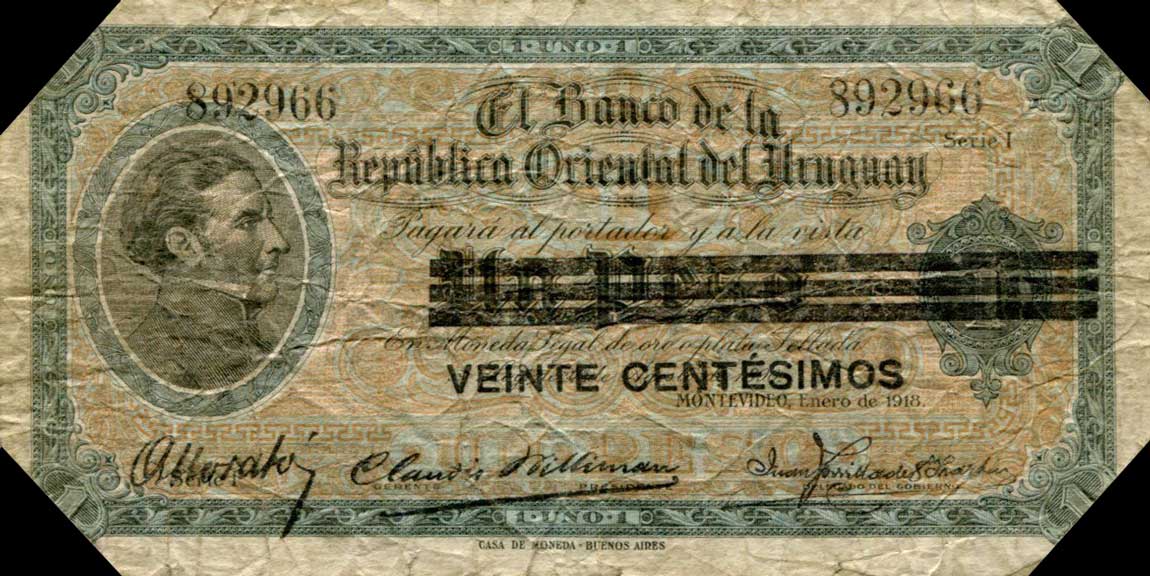 Front of Uruguay p14: 20 Centesimos from 1918