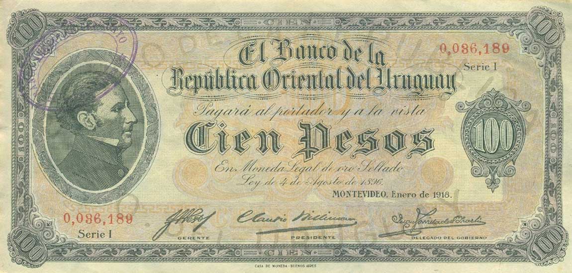 Front of Uruguay p16x: 100 Pesos from 1918