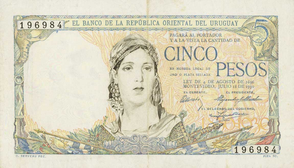 Front of Uruguay p18a: 5 Pesos from 1930