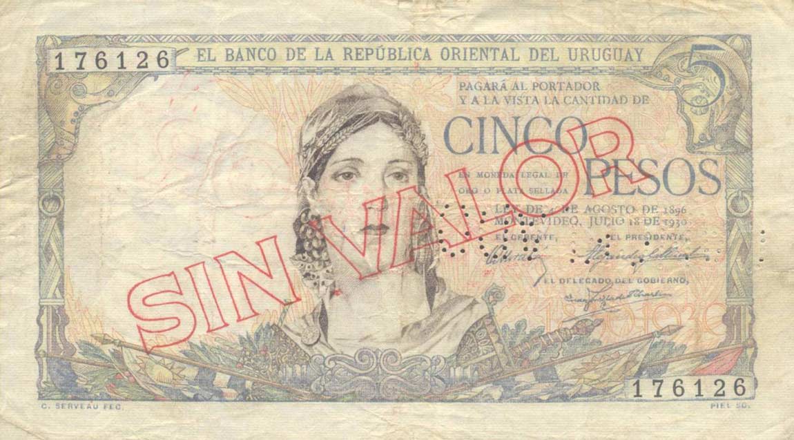 Front of Uruguay p18s: 5 Pesos from 1930