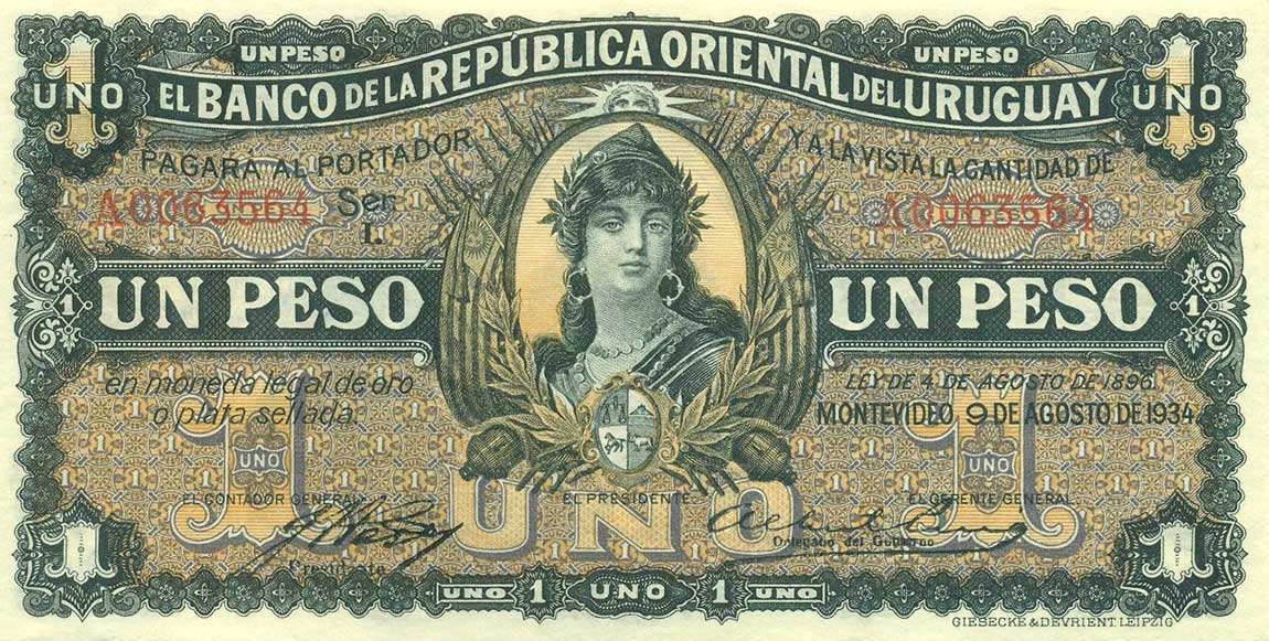 Front of Uruguay p21: 1 Peso from 1934