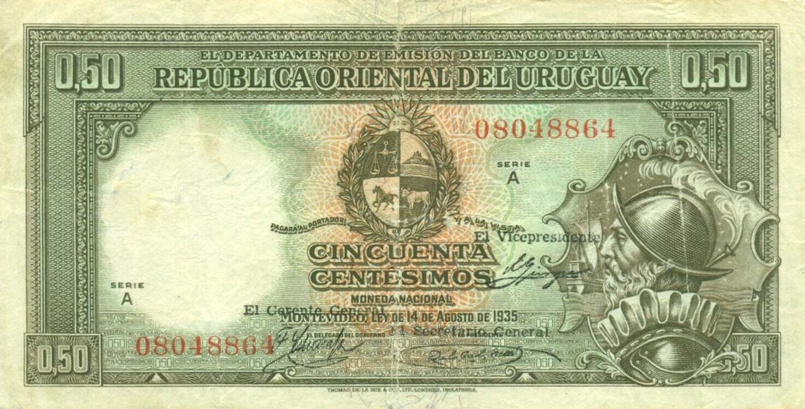 Front of Uruguay p27b: 50 Centesimos from 1935