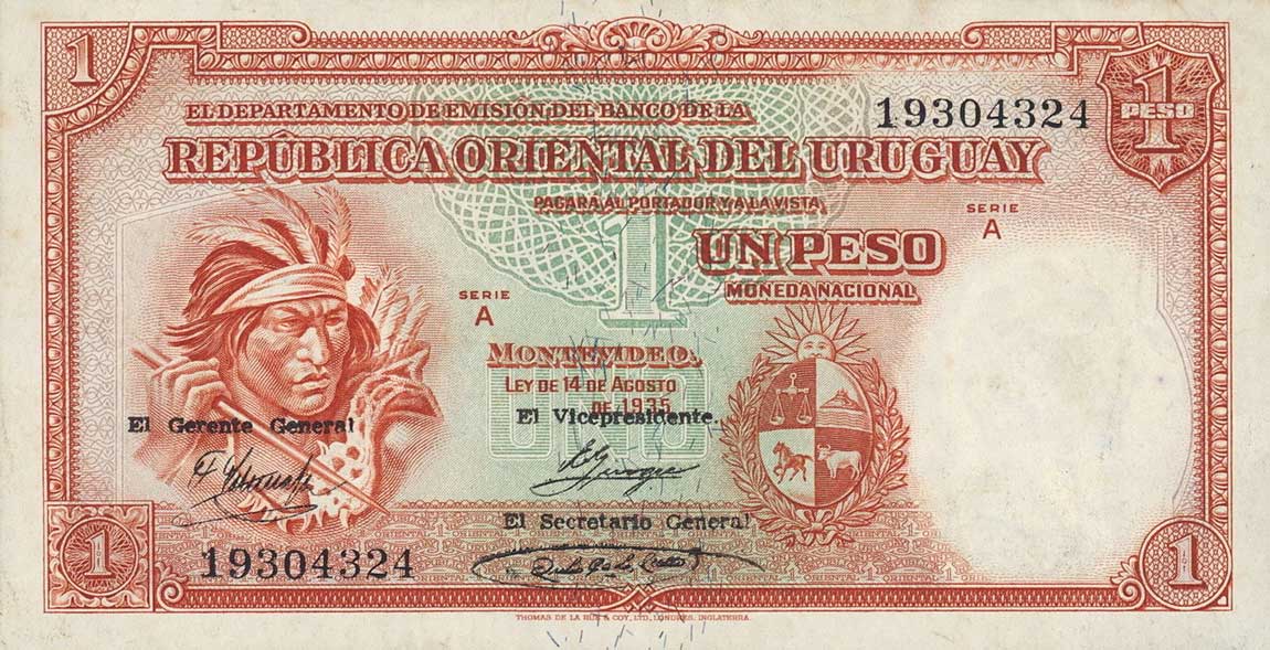 Front of Uruguay p28c: 1 Peso from 1935