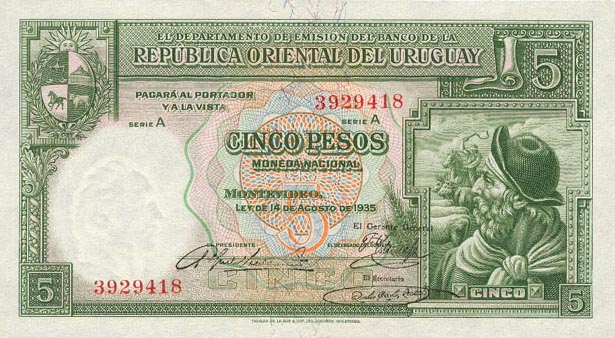 Front of Uruguay p29a: 5 Pesos from 1935