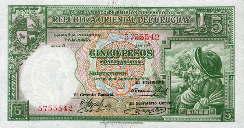 Front of Uruguay p29b: 5 Pesos from 1935