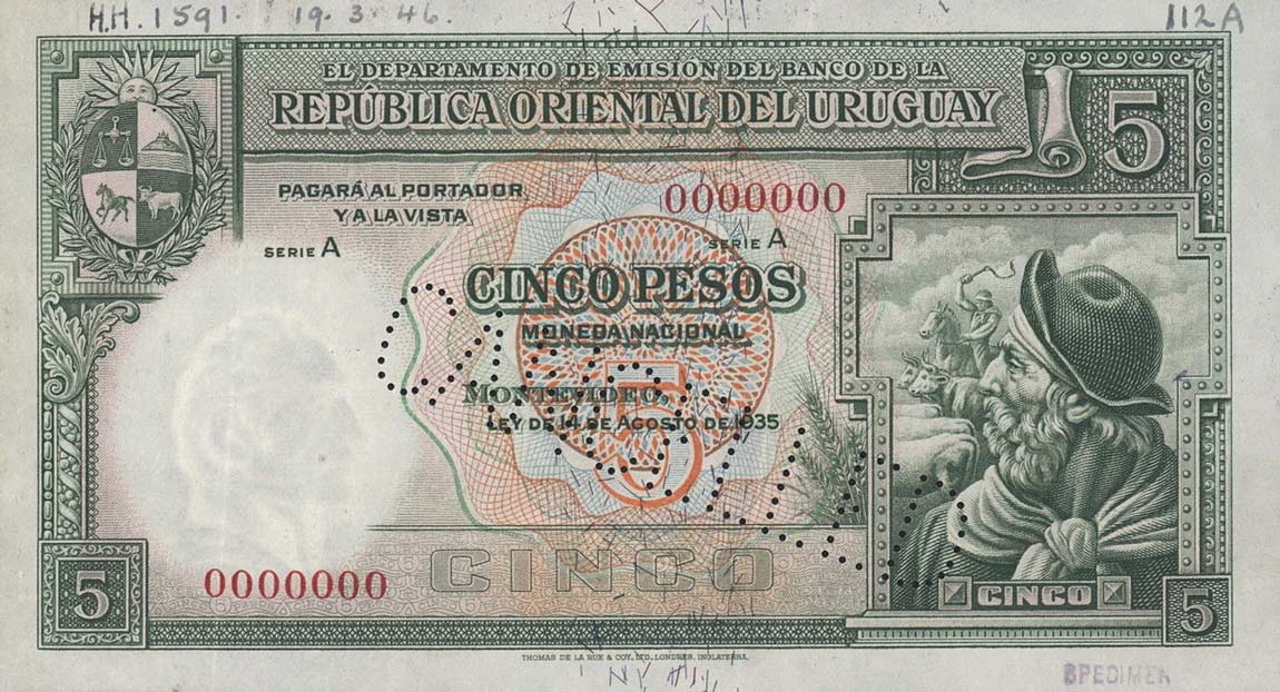 Front of Uruguay p29s: 5 Pesos from 1935