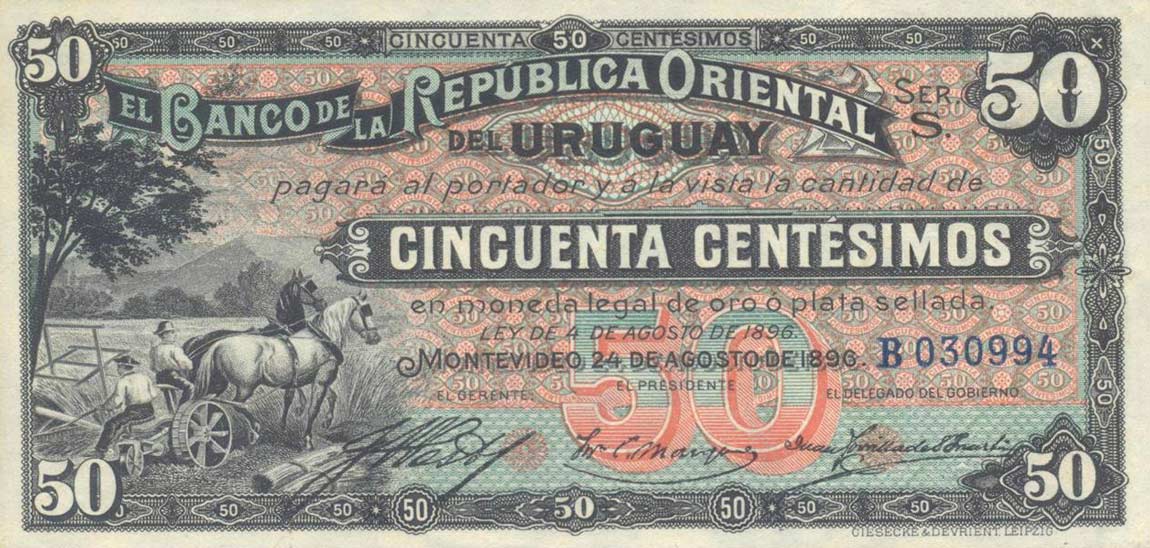 Front of Uruguay p2a: 50 Centesimos from 1896