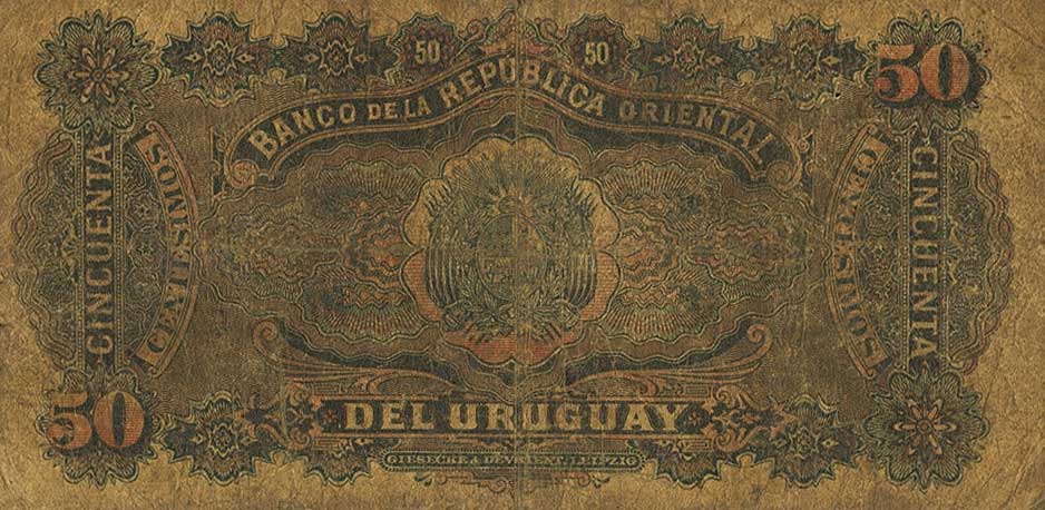 Back of Uruguay p2c: 50 Centesimos from 1896