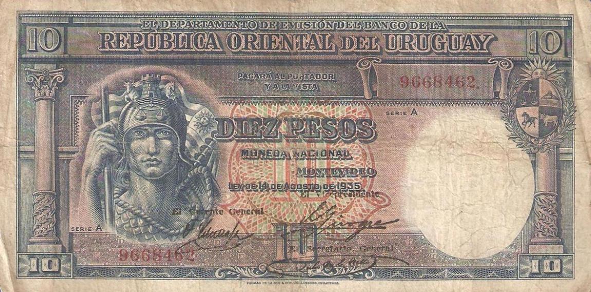 Front of Uruguay p30a: 10 Pesos from 1935