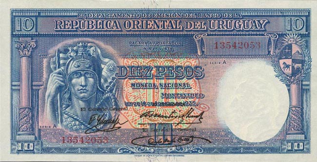 Front of Uruguay p30b: 10 Pesos from 1935