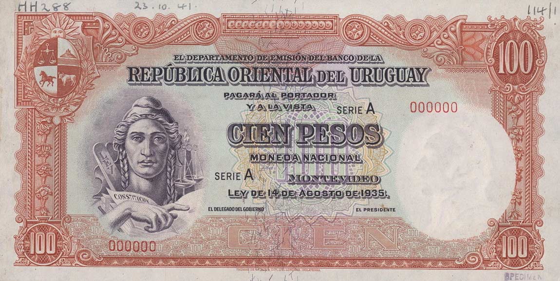 Front of Uruguay p31s: 100 Pesos from 1935