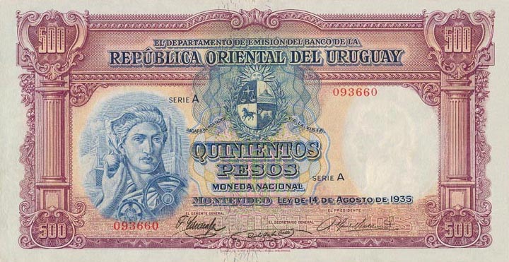 Front of Uruguay p32b: 500 Pesos from 1935