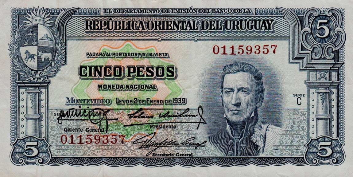 Front of Uruguay p36b: 5 Pesos from 1939