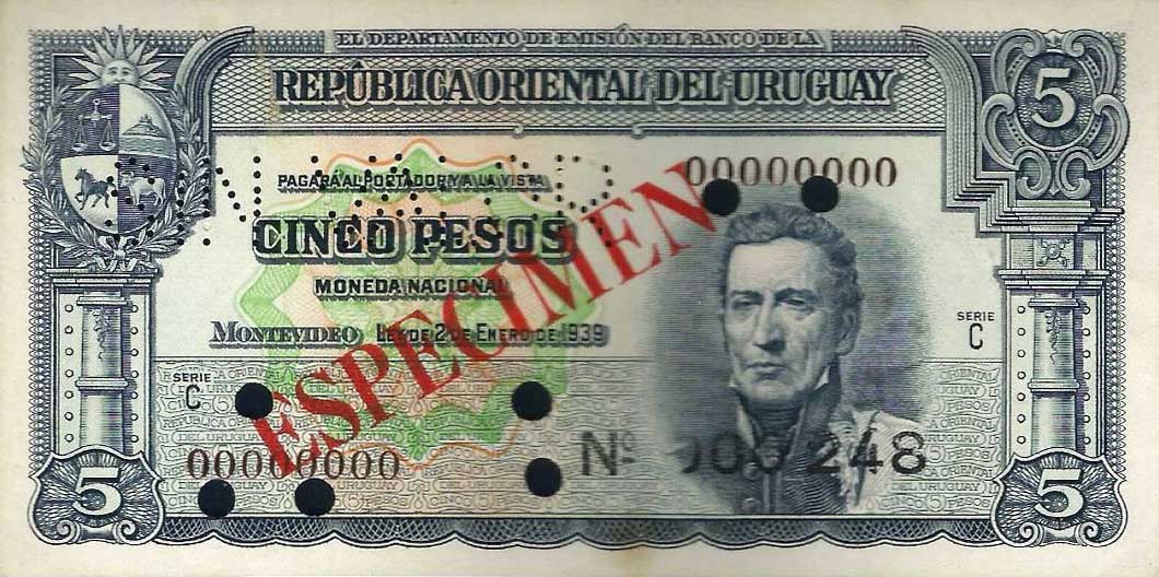 Front of Uruguay p36s: 5 Pesos from 1939