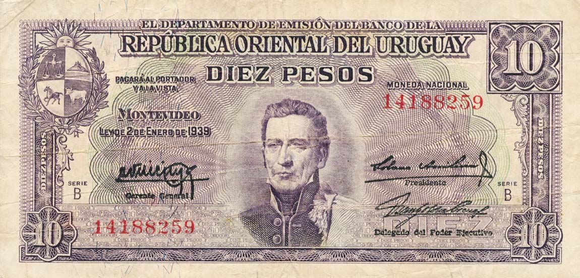 Front of Uruguay p37b: 10 Pesos from 1939