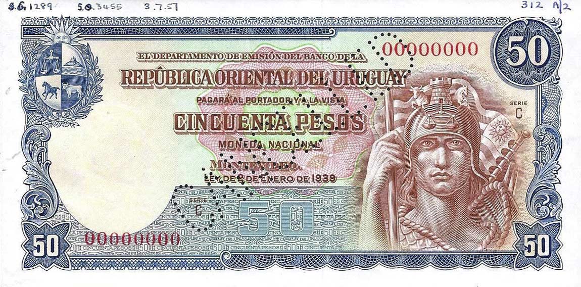 Front of Uruguay p38s: 50 Pesos from 1939