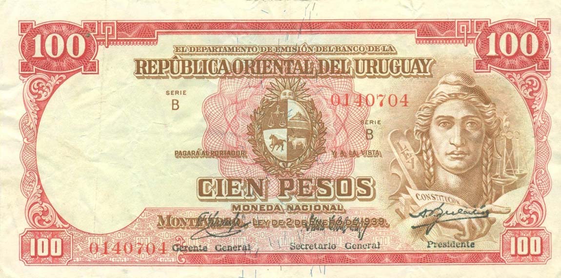 Front of Uruguay p39a: 100 Pesos from 1939