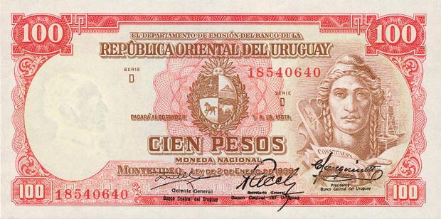 Front of Uruguay p39c: 100 Pesos from 1939