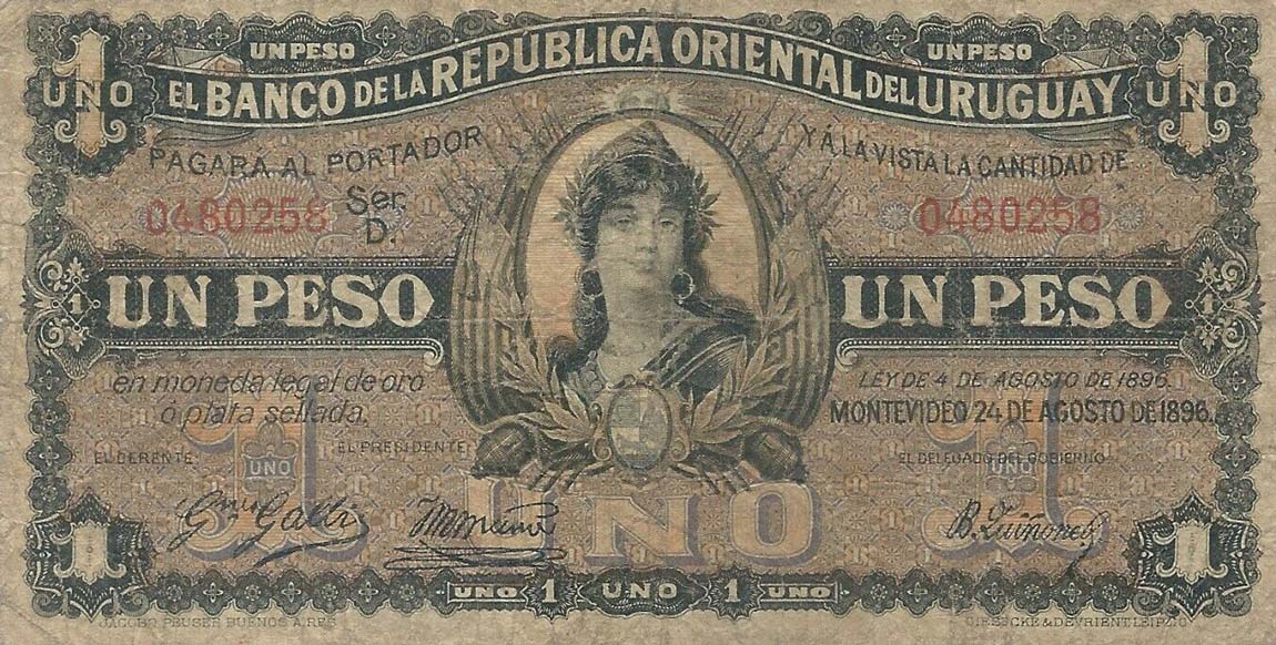 Front of Uruguay p3b: 1 Peso from 1896