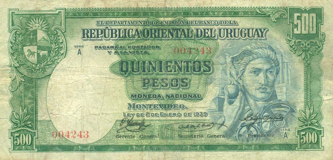 Front of Uruguay p40a: 500 Pesos from 1939