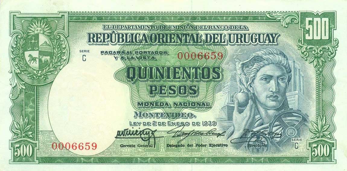 Front of Uruguay p40b: 500 Pesos from 1939