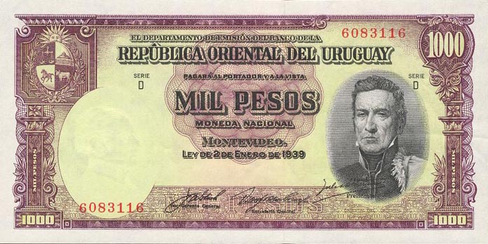 Front of Uruguay p41c: 1000 Pesos from 1939