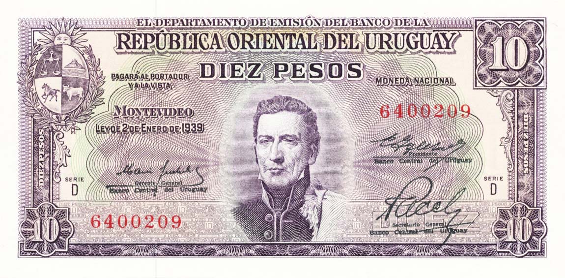 Front of Uruguay p42b: 10 Pesos from 1939