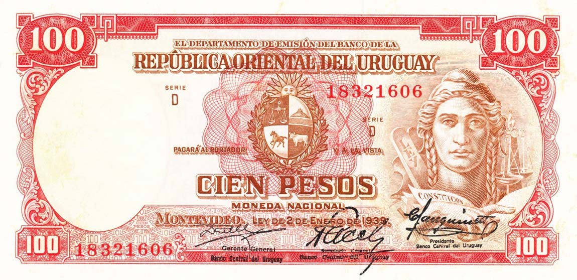 Front of Uruguay p43a: 100 Pesos from 1939