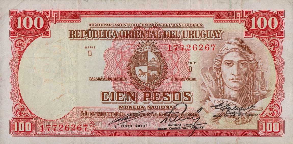 Front of Uruguay p43c: 100 Pesos from 1939