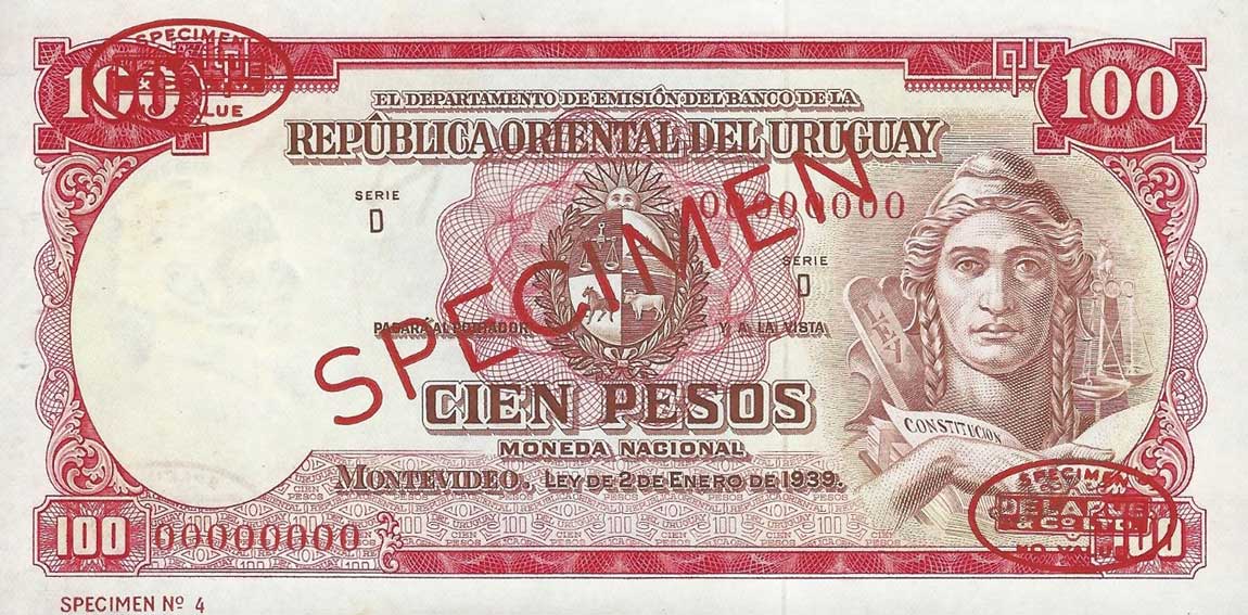 Front of Uruguay p43s: 100 Pesos from 1939