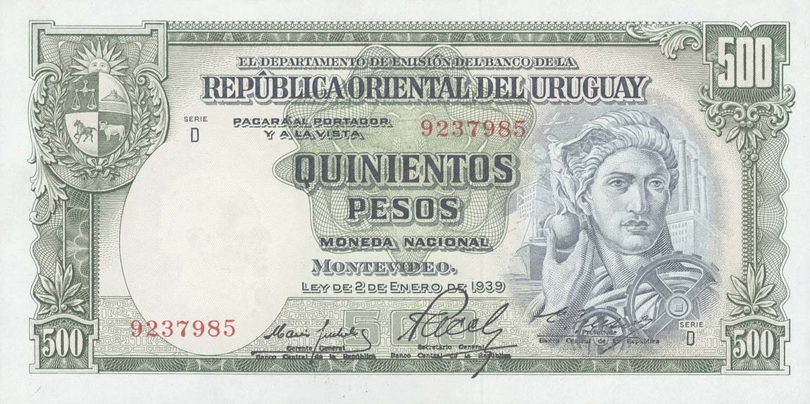 Front of Uruguay p44a: 500 Pesos from 1939