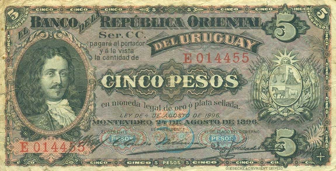 Front of Uruguay p4: 5 Pesos from 1896