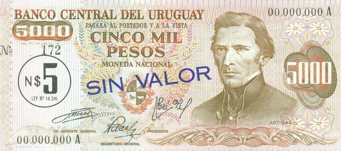 Front of Uruguay p57s: 5 Nuevos Pesos from 1975