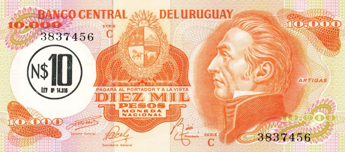 Front of Uruguay p58: 10 Nuevos Pesos from 1975