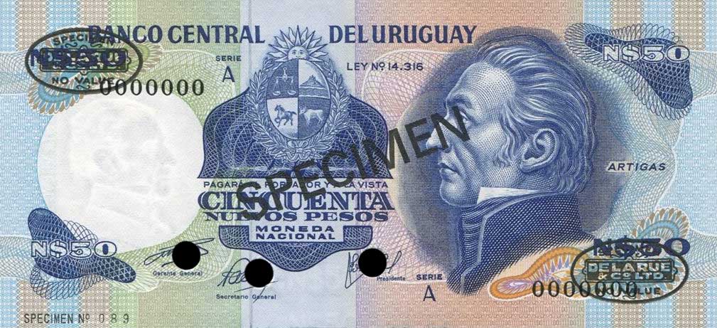 Front of Uruguay p59s: 50 Nuevos Pesos from 1975