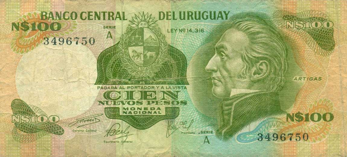 Front of Uruguay p60a: 100 Nuevos Pesos from 1975