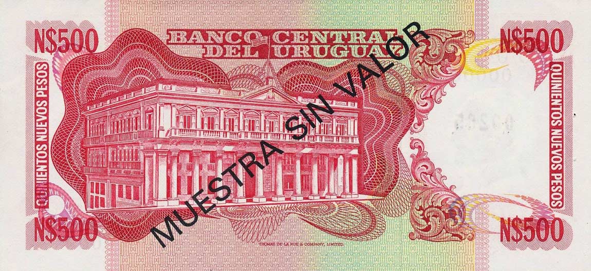 Back of Uruguay p63s: 500 Nuevos Pesos from 1985