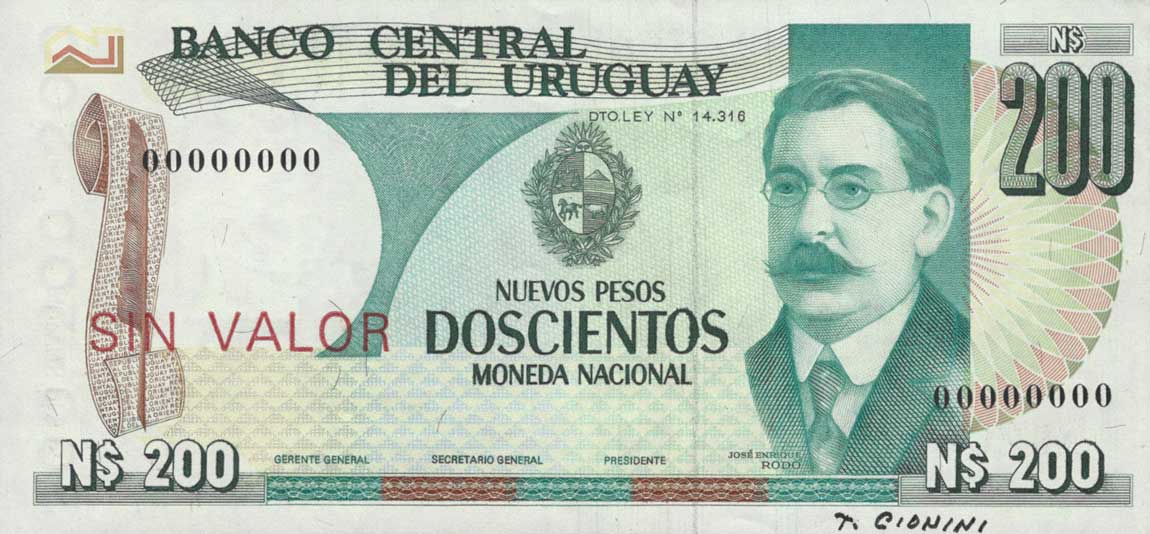 Front of Uruguay p66s: 200 Nuevos Pesos from 1986