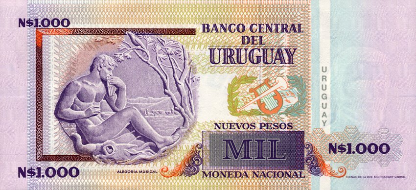 Back of Uruguay p67A: 1000 Nuevos Pesos from 1989