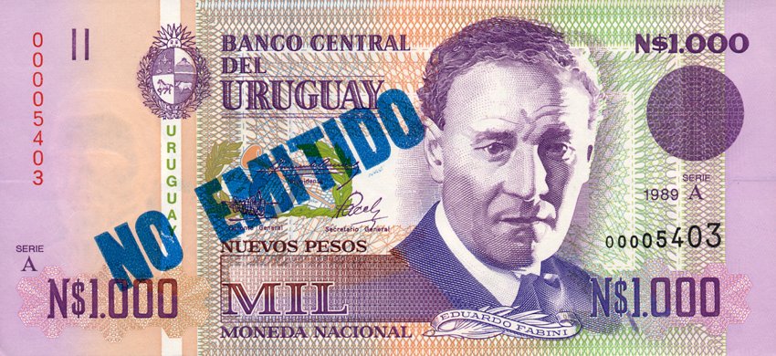 Front of Uruguay p67A: 1000 Nuevos Pesos from 1989