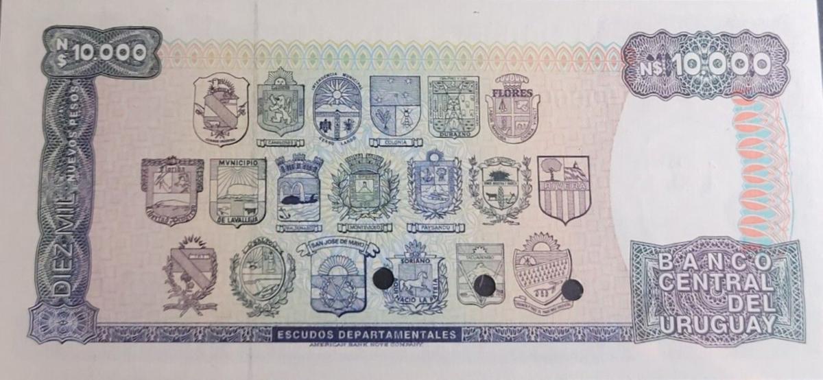 Back of Uruguay p67s3: 10000 Nuevos Pesos from 1987