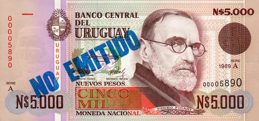 Front of Uruguay p68A: 5000 Nuevos Pesos from 1989