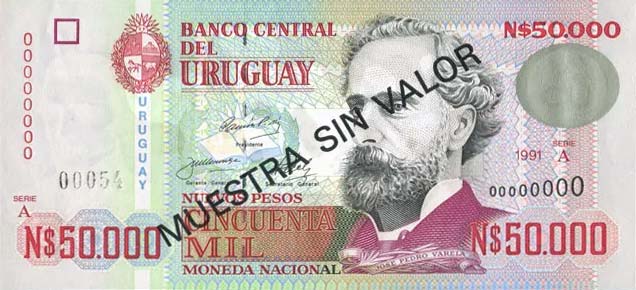 Front of Uruguay p70s: 50000 Nuevos Pesos from 1989