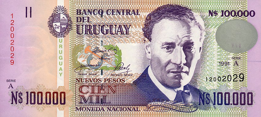 Front of Uruguay p71a: 100000 Nuevos Pesos from 1991