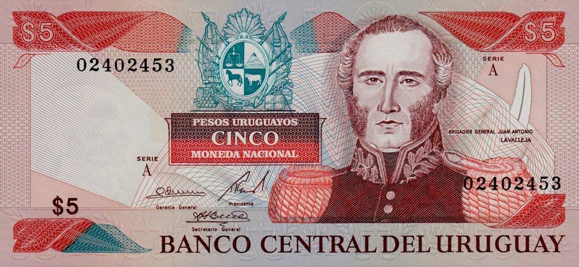 Front of Uruguay p73Aa: 5 Pesos Uruguayos from 1997