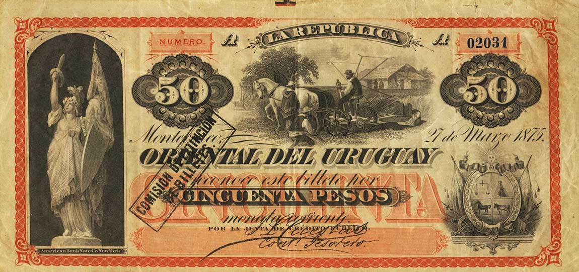 Front of Uruguay pA106: 50 Pesos from 1875