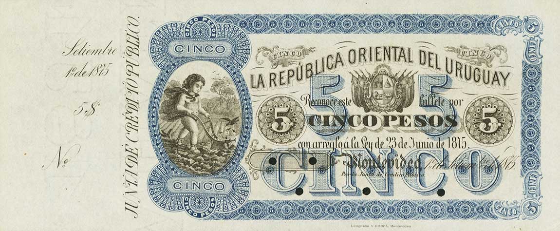 Front of Uruguay pA119Kr: 5 Pesos from 1875