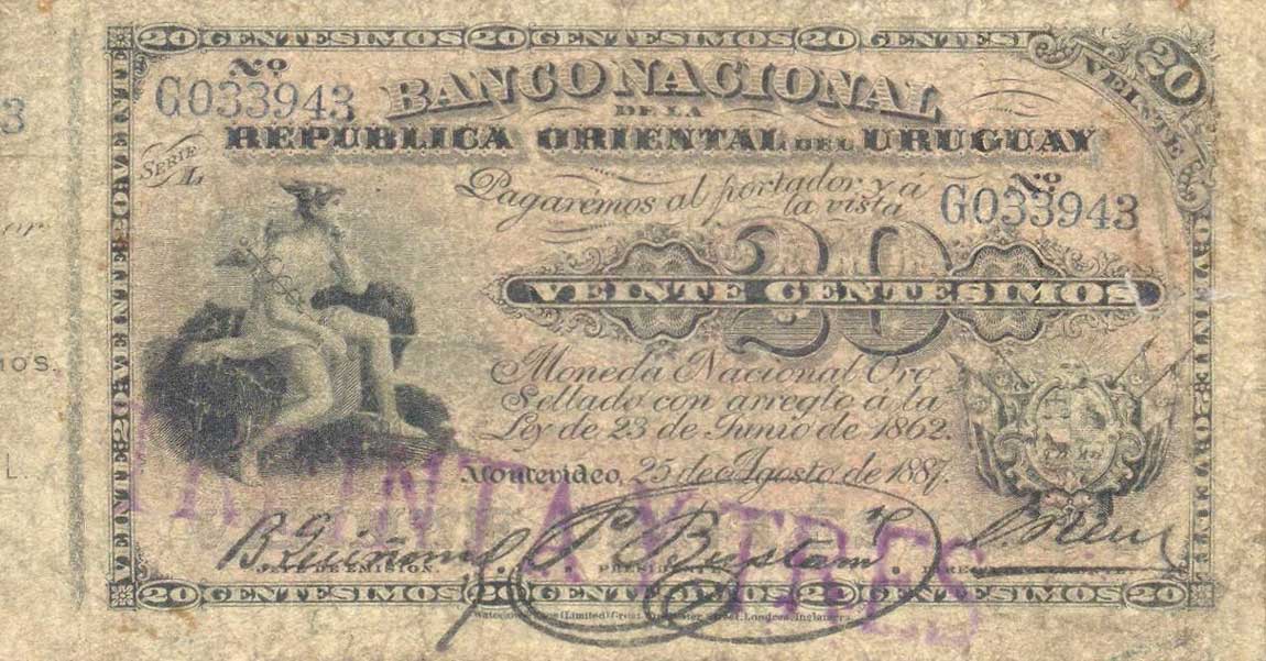 Front of Uruguay pA88c: 20 Centesimos from 1887