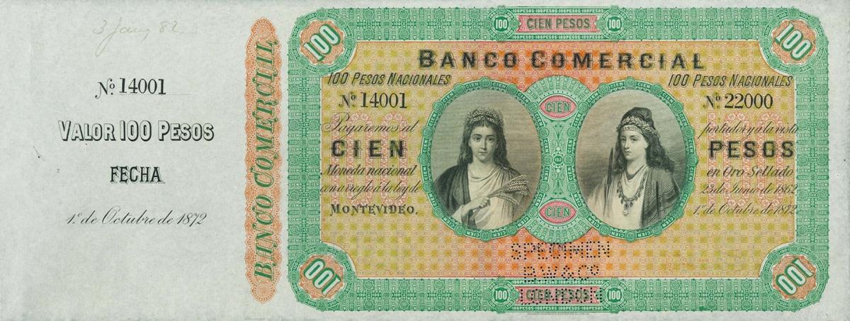 Front of Uruguay pS128s: 100 Pesos from 1872