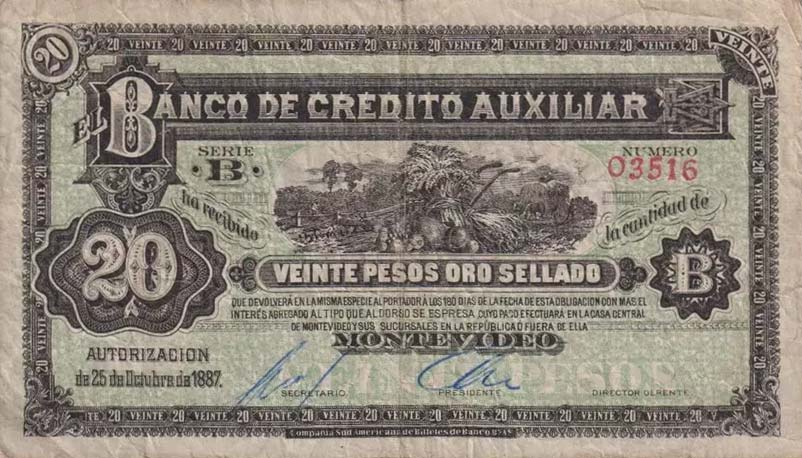 Front of Uruguay pS164a: 20 Pesos from 1887